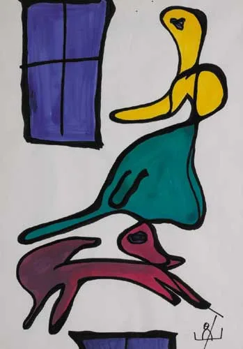 WINDOWS AND ANIMALS by John Kingerlee, acrylic on paper, sold May 2006