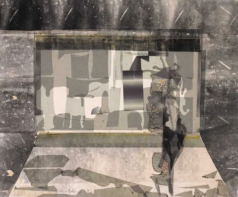 Edward Delaney, STAGE DESIGN FOR THE LYRIC THEATRE, BELFAST, 1976, collage, crayon, pencil and wash on paper mounted on board