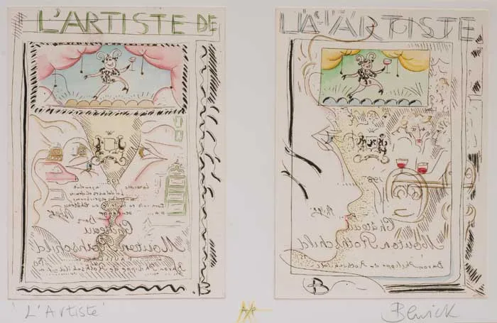 Pauline Bewick, L'ARTISTE - TWO WINE LABEL DESIGNS FOR CHATEAUX MOUTON ROTHSCHILD, hand-coloured etchings; artist's proof