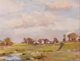 Michael Healy, COTTAGE AND RIVER FLATS, NEAR DUBLIN
