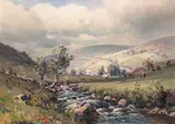 Charles McAuley, STREAM RUNNING THROUGH A VALLEY WITH CATTLE GRAZING AND FARMHOUSE BEYOND