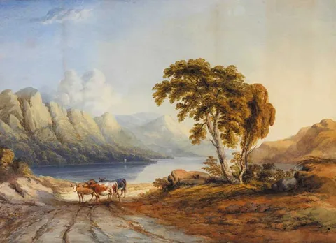 John E. Bosanquet, VIEW OF DERWENTWATER, CUMBERLAND, 1854, watercolour