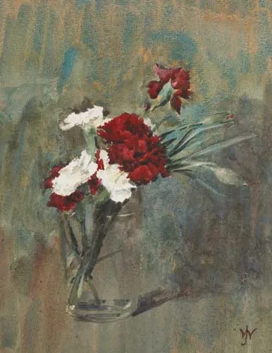 Josephine Webb, RED AND WHITE CARNATIONS IN A GLASS VASE, watercolour and pastel over pencil