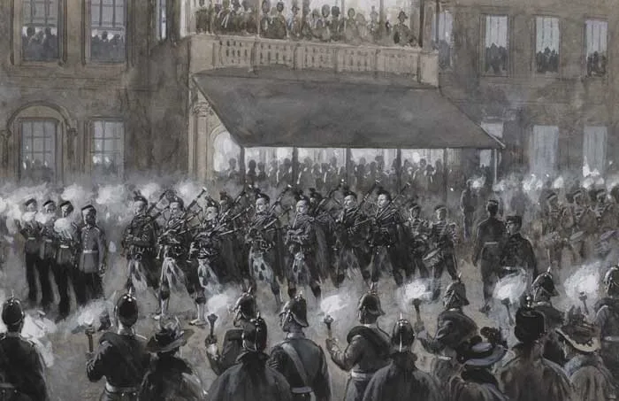 Joseph Nash Jnr, THE QUEEN'S LONG REIGN: A CELEBRATION AT DUBLIN CASTLE, 1897, watercolour heightened with white in grisaille