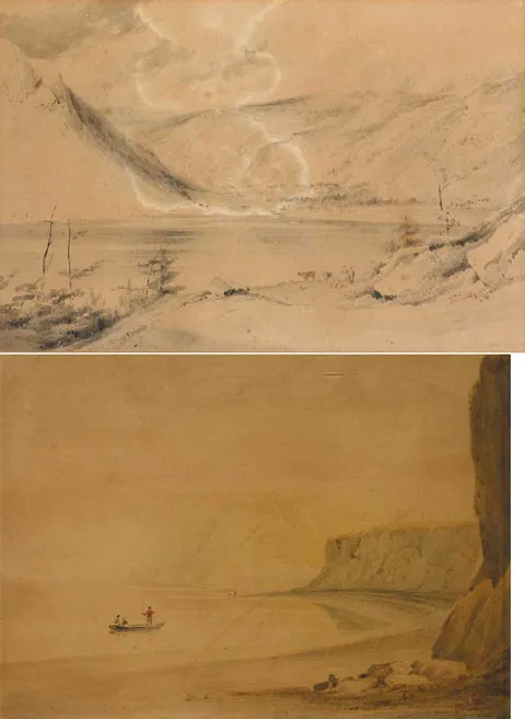 George Petrie, LUGGALA, 1822 and WICKLOW LANDSCAPE, GREYSTONES (A PAIR), Indian ink wash on paper (1) and a watercolour (1)