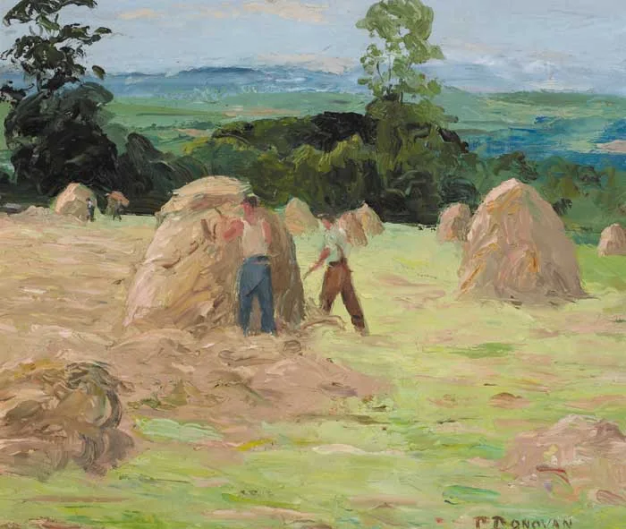 HAY MAKING by Phoebe Donovan, 1958, oil on board, sold May 2006