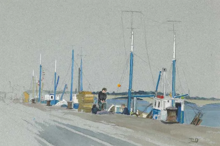 Phoebe Donovan, BOATS MOORED AT WEXFORD QUAY, watercolour and gouache over pencil on tinted paper