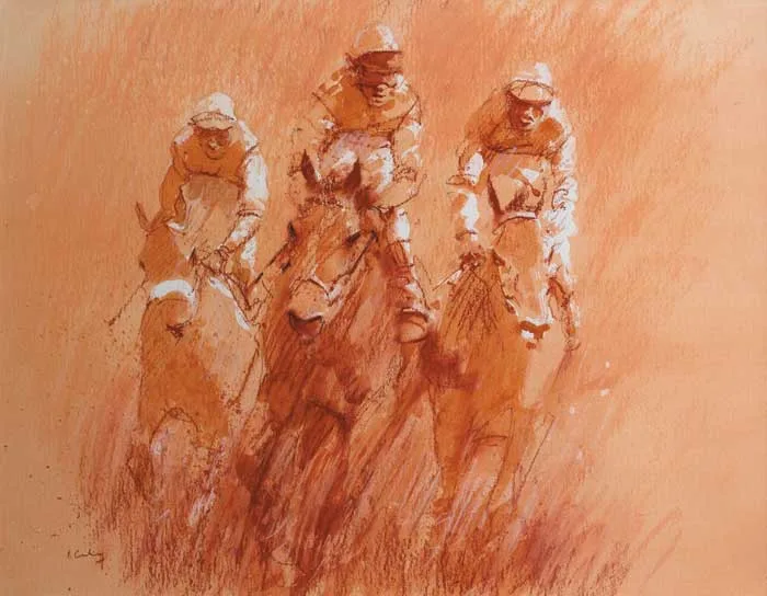 Peter Curling, RACING SCENE - THREE JOCKEYS UP, watercolour and pastel