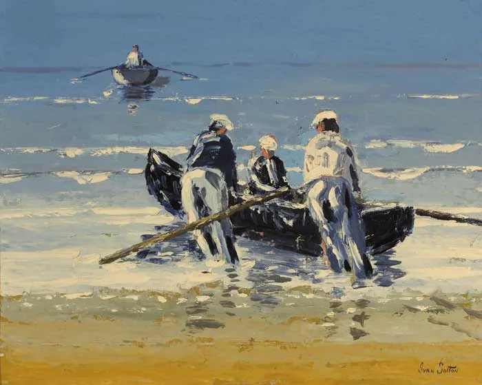 LAUNCHING THE CURRACH, ARAN MOR, COUNTY GALWAY by Ivan Sutton, oil on canvas board, sold May 2006