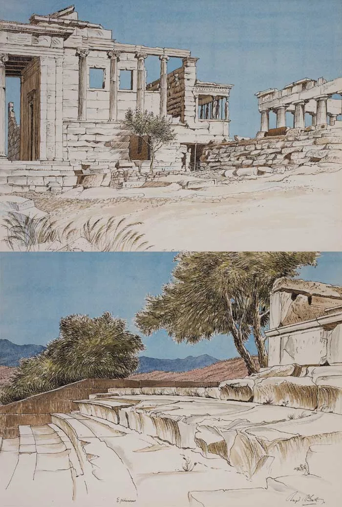 Raymond McGrath, THE ERECHTHEION, ATHENS and GREEK THEATRE EPIDAURUS, 1970 (A PAIR), watercolour, pen and ink