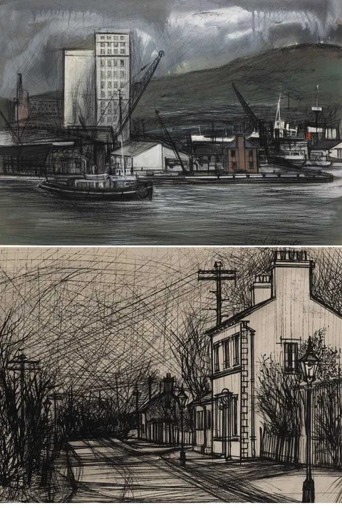 Cyril Mount, BELFAST DOCKS and A VILLAGE STREET (A PAIR), pastel (1) and pen and ink (1)