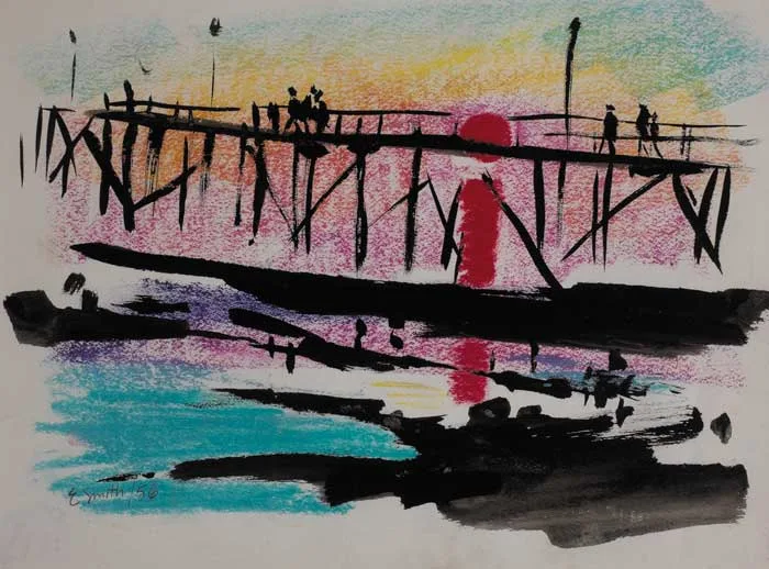 Ed Smith, BRIDGE IN NEW YORK, 1956, crayon, brush and ink
