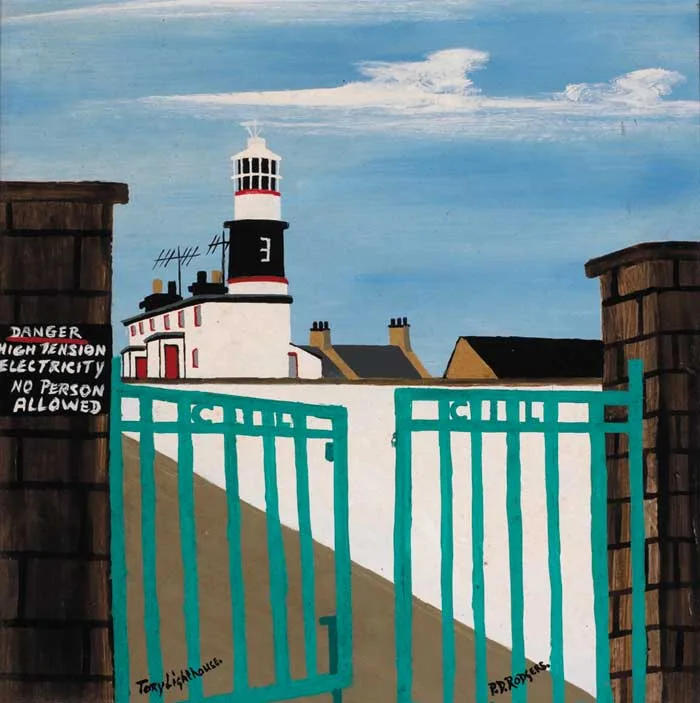 TORY LIGHTHOUSE (VIEW THROUGH GATE) by Patsy Dan Rodgers, oil on board, sold May 2006