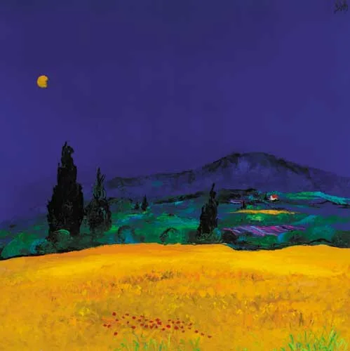 YELLOW FIELD, MOUNT ST VICTOIRE, AIX EN PROVENCE by David Gordon Hughes, 2002, acrylic on board, sold May 2006