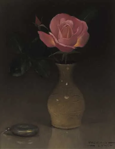 PINK ROSE AND POCKET WATCH by Padraig Lynch, oil on canvas laid on board, offered May 2006