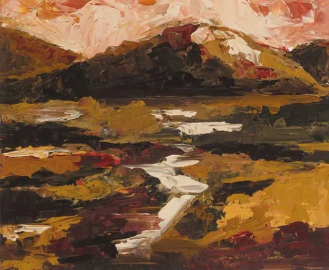 MOUNTAINS AND BOG by Yvonne Moore, oil on canvas board, sold May 2006