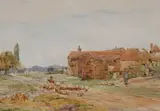 Claude Hayes, FARMHOUSE WITH FLOCK OF SHEEP ON ROAD
