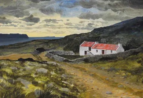 Charles Oakley, TORY ISLAND FROM UPPER ARDBINE, DONEGAL, 1979, watercolour and gouache over pencil