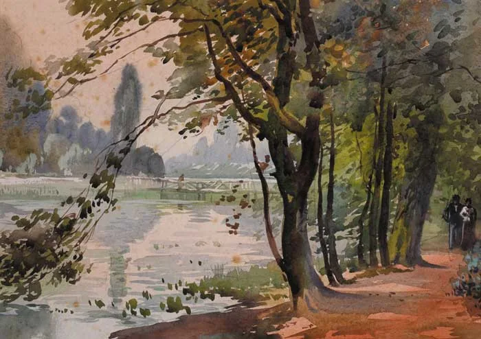 PATH BY LAKE by William Docherty Weir, watercolour heightened with white, offered May 2006