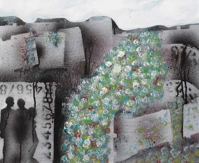 Jack Pakenham, LANDSCAPE WITH FIGURES AND NUMBERS, circa 1965-66, signed lower right; original label on reverse