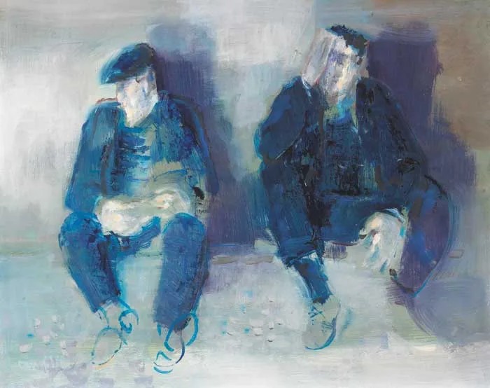 George Campbell, TWO FISHERMEN RESTING, EL PALO, signed lower left; inscribed on reverse