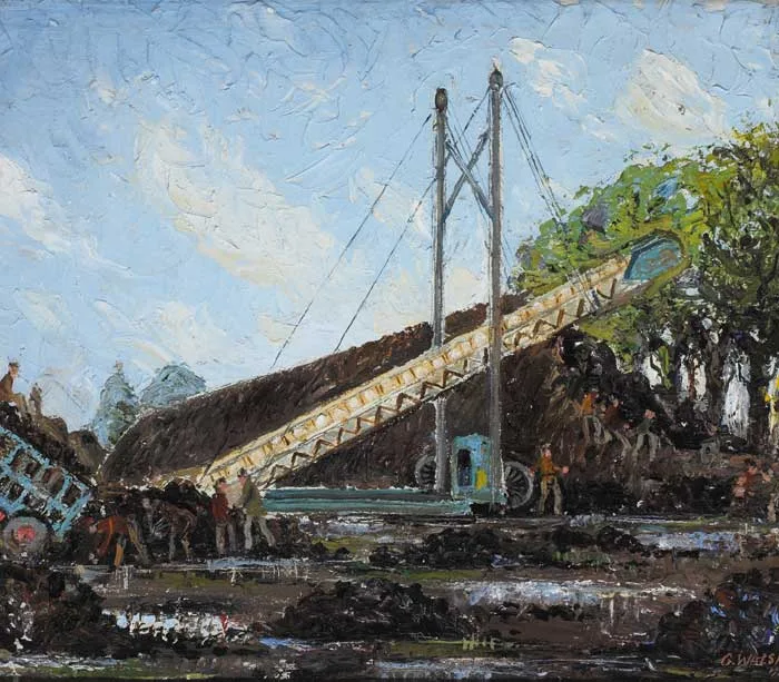 George Stephen Walsh, CLAMPING TURF, PHOENIX PARK, 1944, signed and dated lower right; original inscribed label on reverse