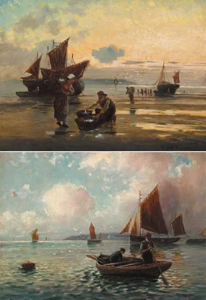 SETTING OUT and SORTING THE CATCH (A PAIR) by Eugene Joseph McSwiney, signed lower left and lower right respectively; contemporary inscribed labels on reverse, sold Apr 2006