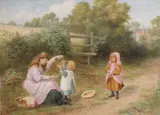 Samuel McCloy, YOUNG WOMAN AND TWO CHILDREN ON A COUNTRY LANE, WITH HEDGEROW AND STILE BEYOND