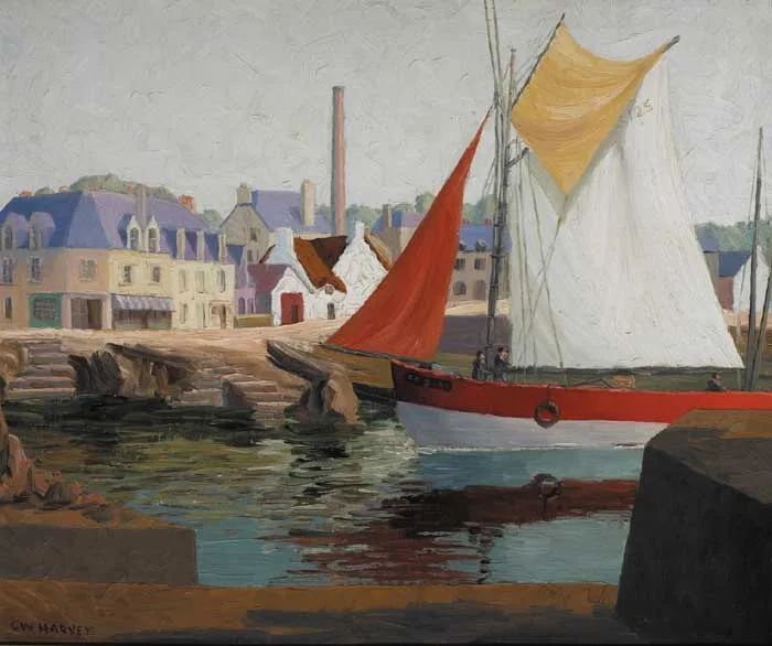 Charles W. Harvey, HARBOUR IN BRITTANY, circa 1935, signed lower left; inscribed label on reverse