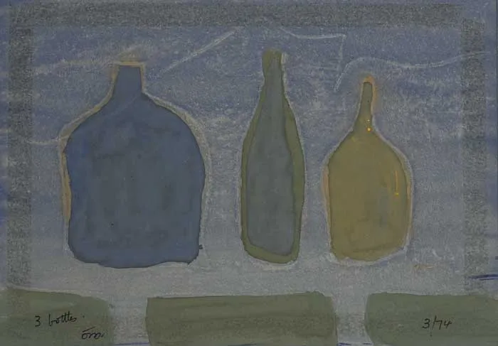 THREE BOTTLES, MARCH 1974 by Tony O'Malley, signed with initials and inscribed lower left; dated lower right, offered Apr 2006