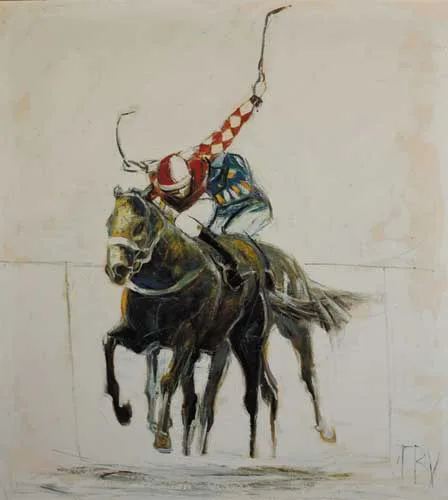 John B. Vallely, AT FULL GALLOP, signed with initials lower right; inscribed label on reverse