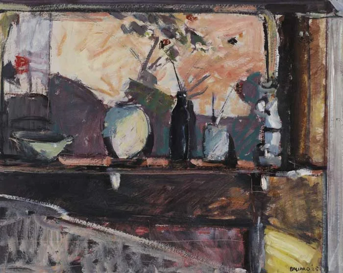 Brian Ballard, OBJECTS ON MANTELPIECE, 1985, signed and dated lower right; inscribed and signed again on reverse