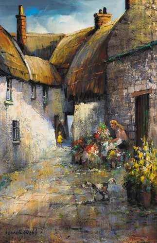 OLD GALWAY TOWN WITH FLOWER STALL by Kenneth Webb, signed lower left, sold Apr 2006