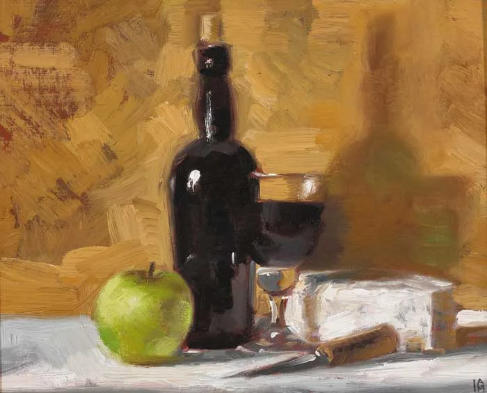 STILL LIFE WITH WINE AND CHEESE by Ian McAllister, oil on canvas board, sold Dec 2005
