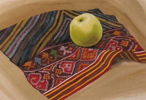 APPLE AND IKAT WEAVING by Patricia Jorgensen, watercolour over pencil, sold Dec 2005