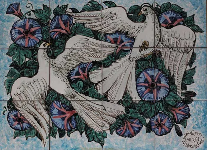 Katherine Swift, DOVES WITH MORNING GLORY and KITCHEN STILL LIFE WITH PLAITED GARLIC AND ONIONS (A PAIR), hand-painted Majolica tiles