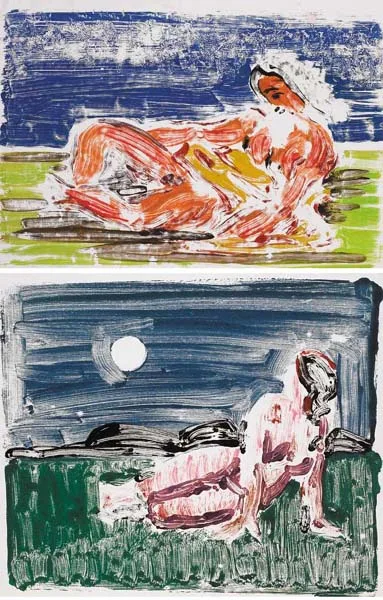 Owen Walsh, NUDE BY MOONLIGHT and RECLINING NUDE IN A LANDSCAPE (A PAIR), monotypes - coloured ink on paper