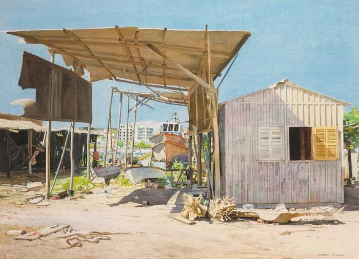 Carey Clarke, BOATYARD, watercolour over pencil