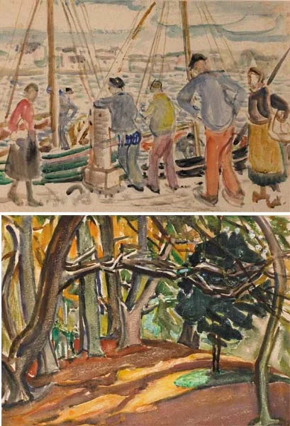 Olive Henry, UNLOADING BOATS QUAYSIDE, watercolour