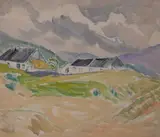 Estella Solomons, COTTAGES IN HILLS - AN OIL SKETCH