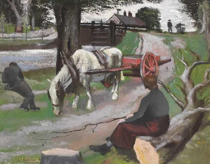 HORSE AND CART AND FIGURES RESTING BY A CANAL LOCK by Simon Coleman, oil on canvas, sold Dec 2005