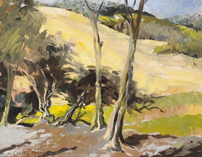 HILLSIDE WITH TREES IN FOREGROUND by Henry Healy, oil on canvas, offered Dec 2005