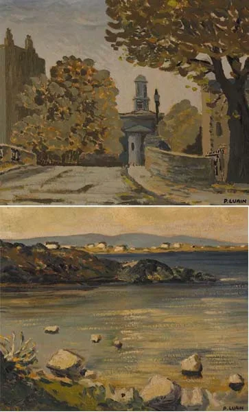 Peadar Lamb, HUBAND BRIDGE LOOKING TOWARDS THE PEPPERCANISTER CHURCH, DUBLIN and COASTAL SCENE NEAR CARRAROE, oil on board