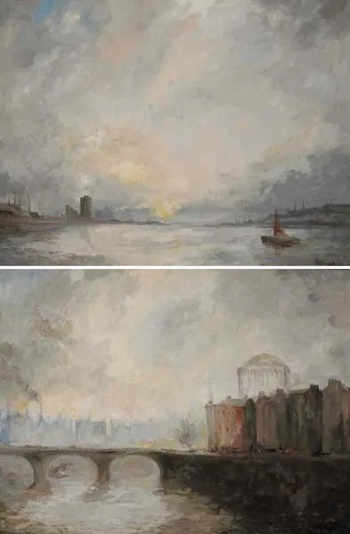 Leo Earley, DUBLIN PORT and THE FOUR COURTS AND CAPEL STREET BRIDGE, DUBLIN (A PAIR), oil on canvas laid on panel (2)