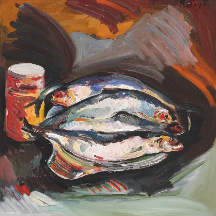 STILL LIFE WITH FISH by Dick Joynt, oil on board, sold Dec 2005