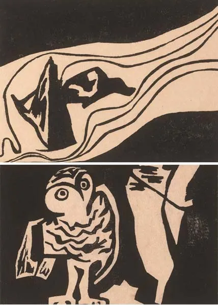 Dairine Vanston, ROCKS IN A RIVER and OWL (A PAIR), woodcuts on Japanese paper (the former no.1 from an edition
