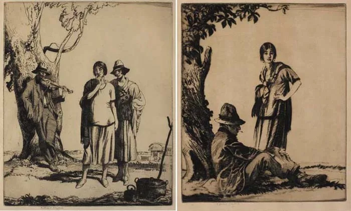 Ernest Herbert Whydale, THE FIDDLER and TWO FIGURES BY A TREE (A PAIR), etching with drypoint