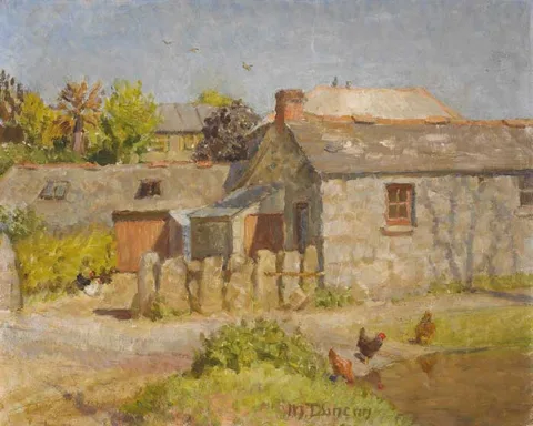 Mary Duncan, FARM BUILDINGS WITH HENS BY A POND, oil on canvas
