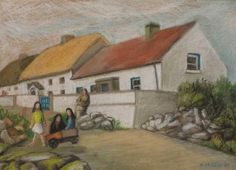 COTTAGES AT ROUNDSTONE by Kathleen M. Bell, pastel on buff-coloured card, offered Dec 2005