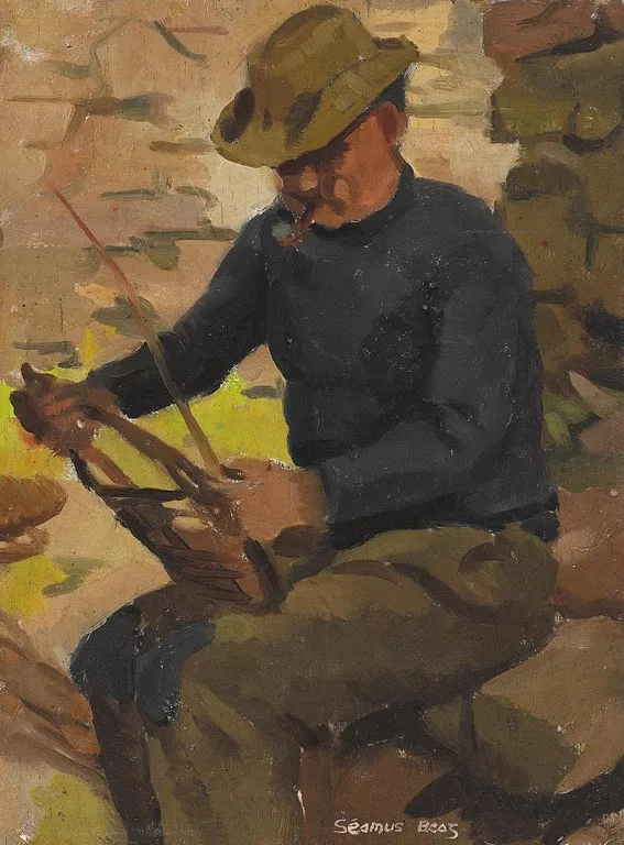 SEAMUS WORKING WICKER by Diarmuid O'Ceallacain, oil on board, sold Dec 2005